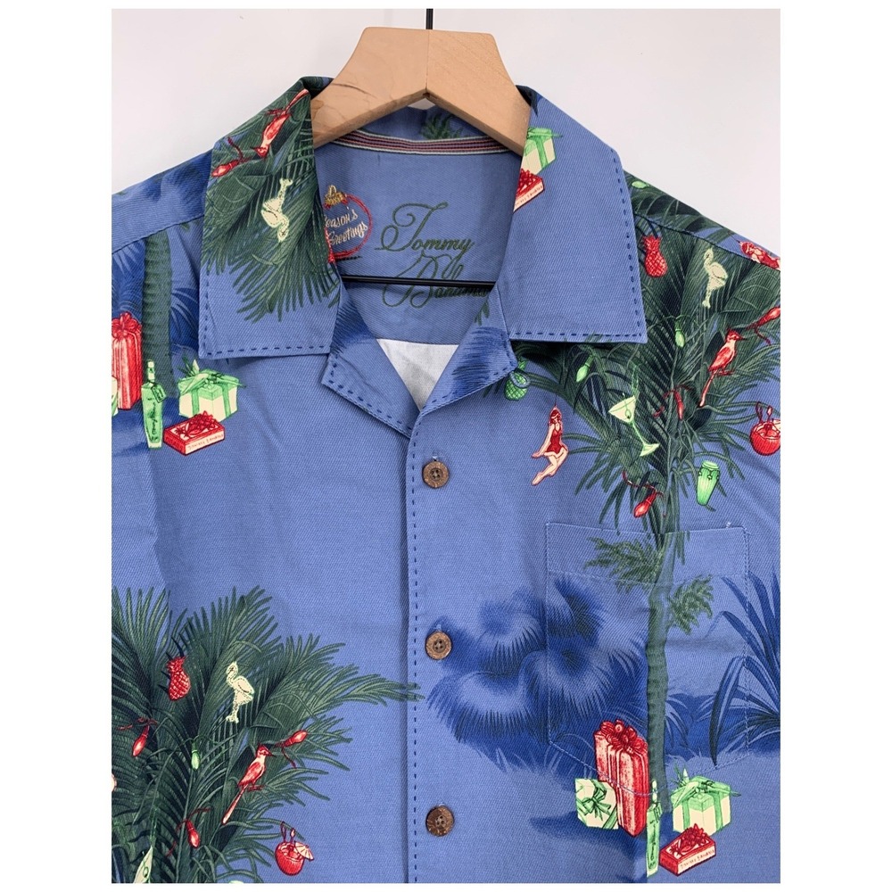 Tommy Bahama Button Shirt Mens Medium Blue Christmas Silk Wool Camp Holiday